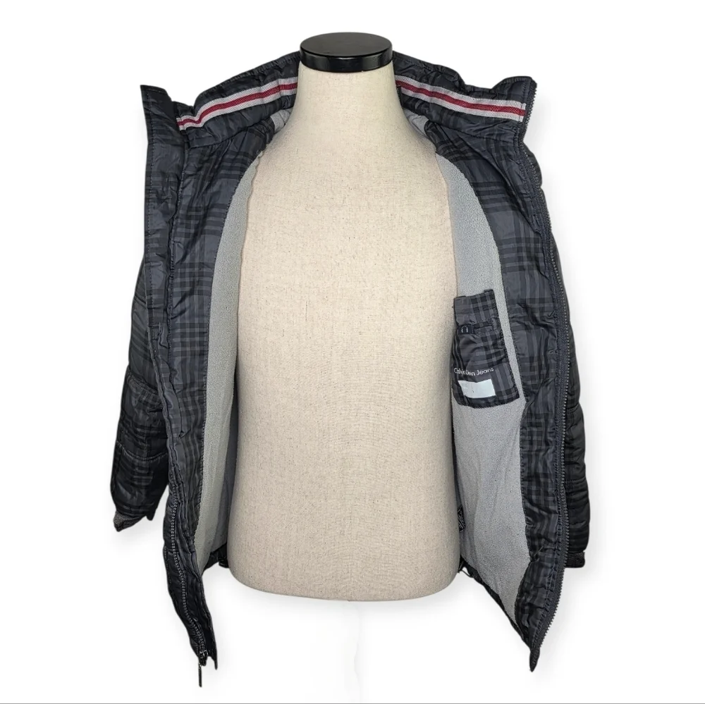 Calvin Klein Boys Gray Plaid Puffer Jacket Hooded Fleece Lined L 14-16